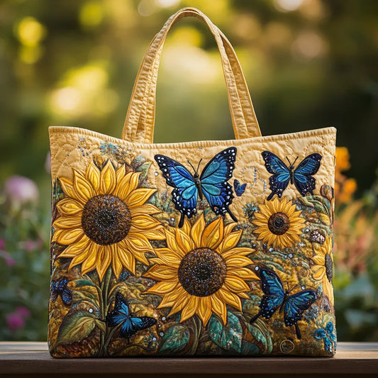 Bolso hecho a mano con girasoles y mariposas azules