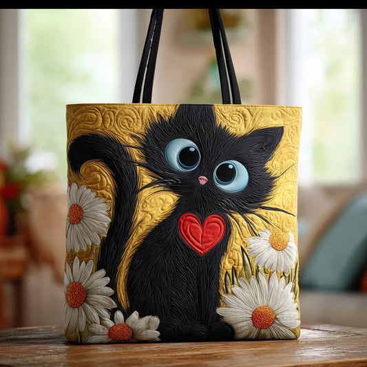 Bolso negro hecho a mano con forma de gato, corazón y margaritas.