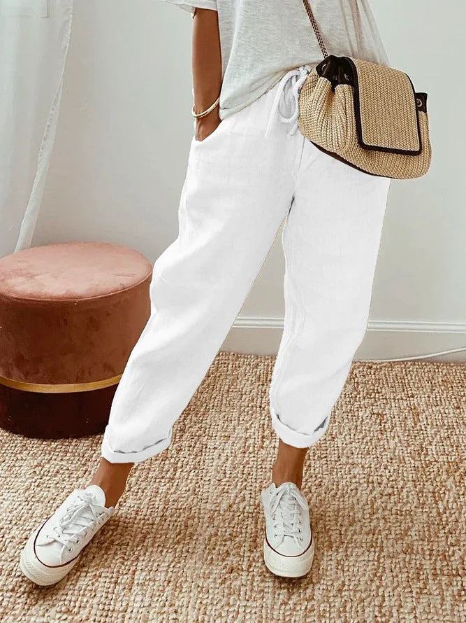 PANTALONES CASUALES LISOS CON CORDÓN Y BOLSILLOS