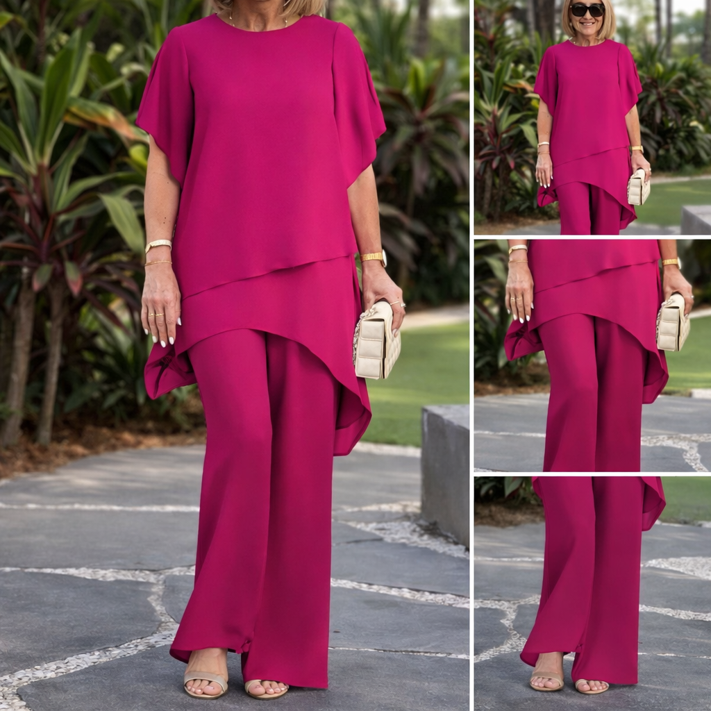 Conjunto de dos piezas para mujer: un top asimétrico con mucho encanto y unos pantalones de pierna ancha