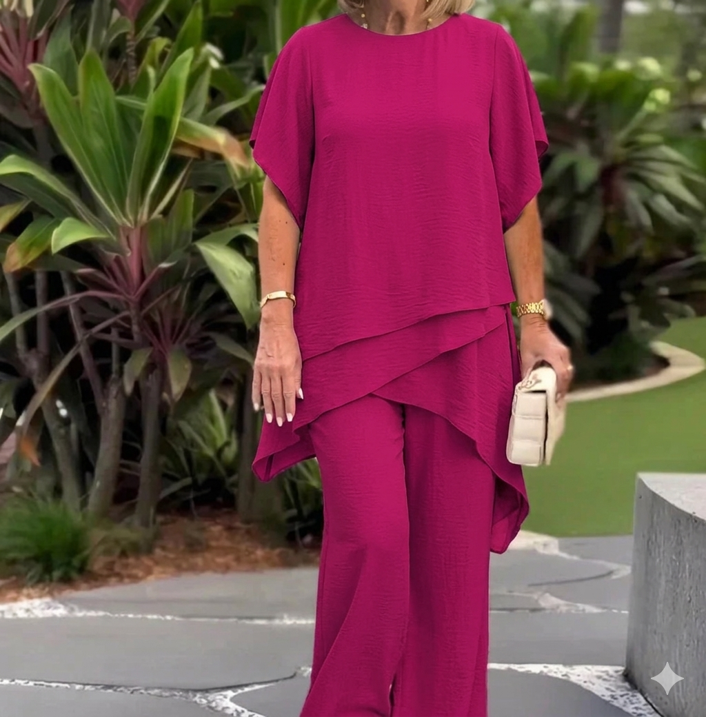 Conjunto de dos piezas para mujer: un top asimétrico con mucho encanto y unos pantalones de pierna ancha