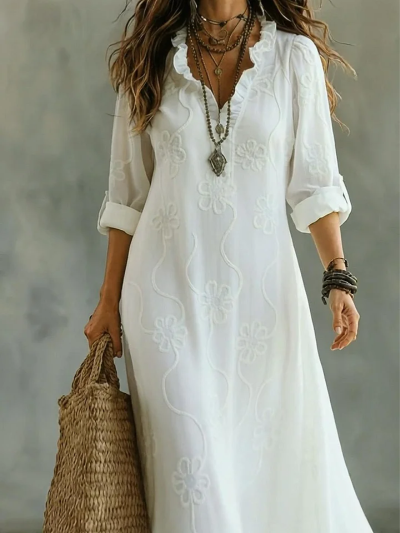 Vestido Sofía™ con Detalles Bordados y Cuello en V