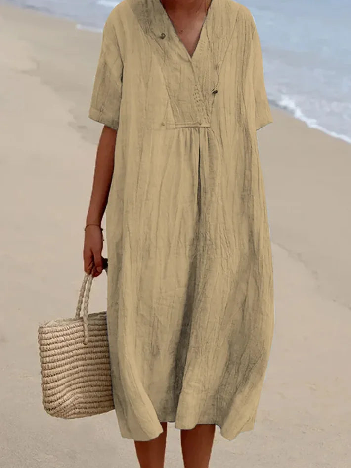 Sandra™  | Vestido Informal con Textura de Lino y Escote en Pico