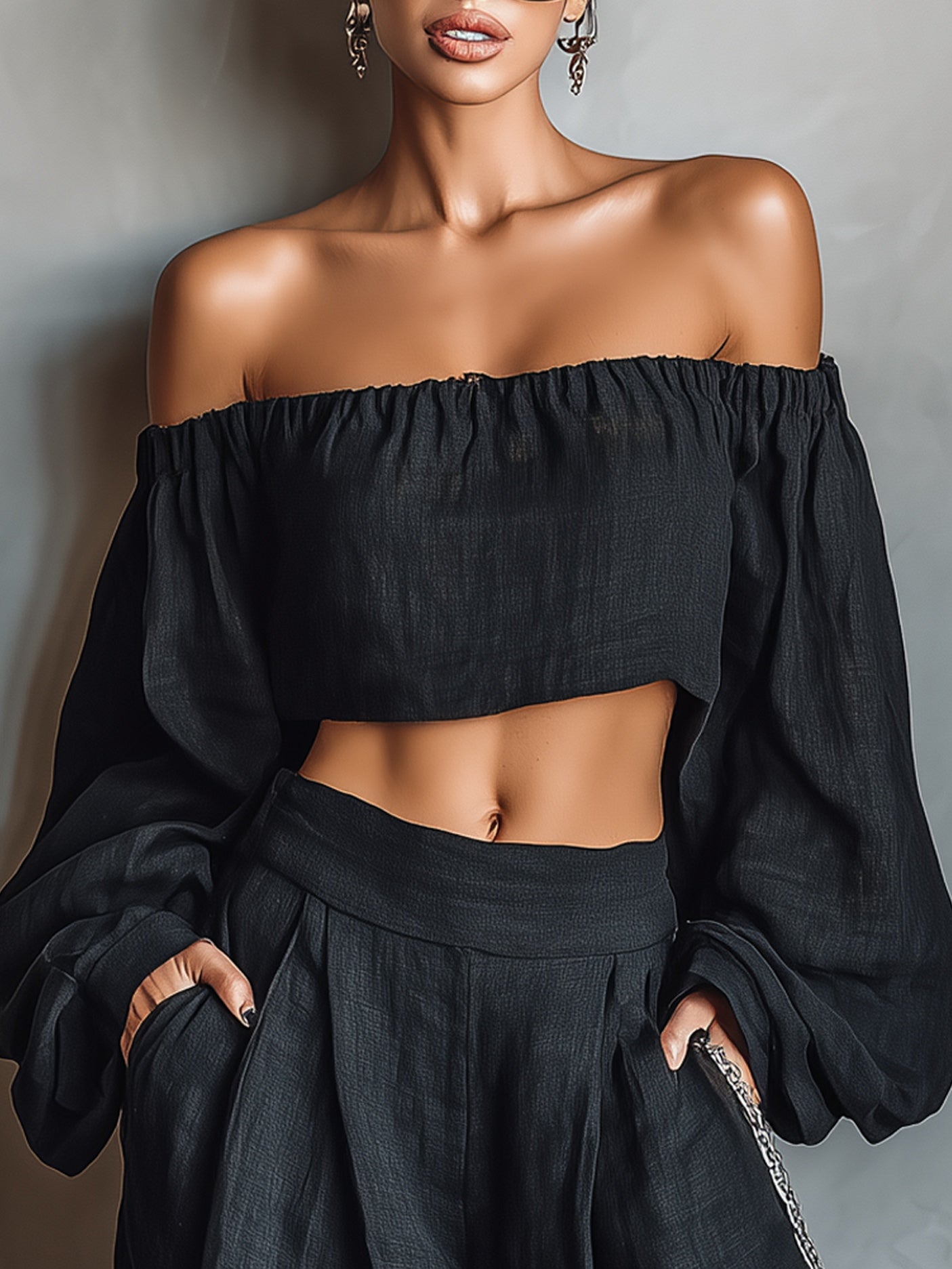 Tess || Conjunto de escote Bardot con pantalones de pierna ancha