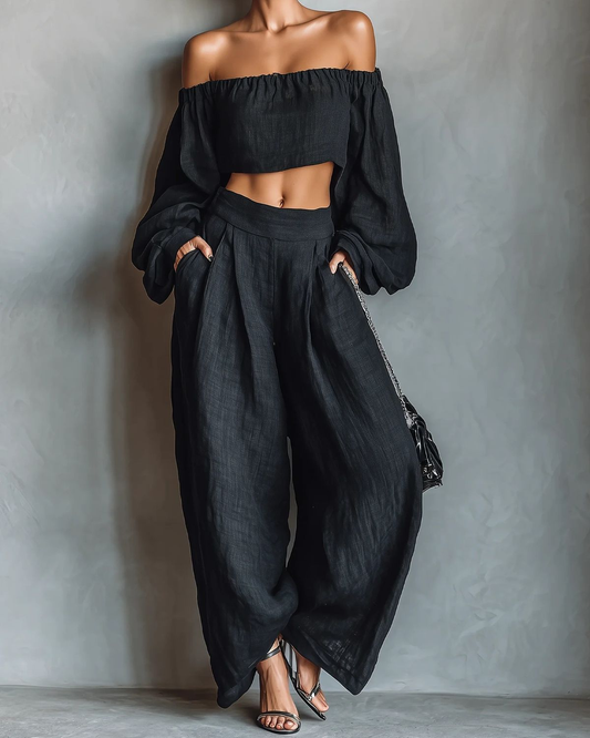 Tess || Conjunto de escote Bardot con pantalones de pierna ancha