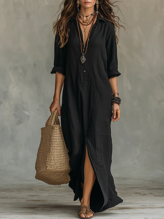Soledad | Vestido largo negro holgado con botones