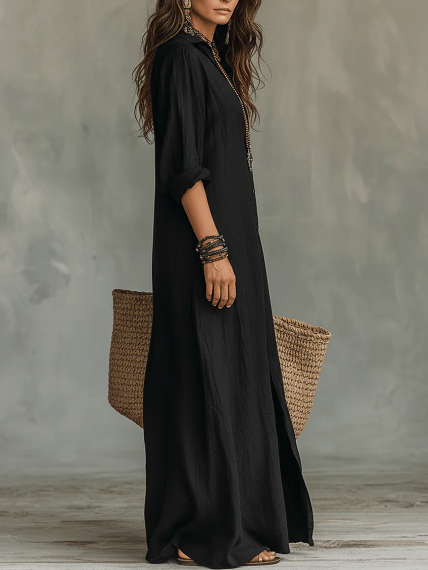 Soledad | Vestido largo negro holgado con botones