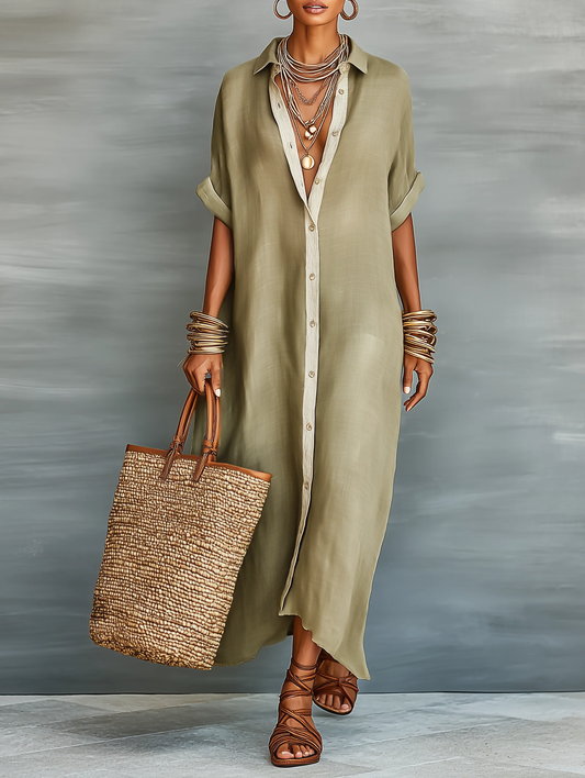 Manelle | Vestido largo verde oliva con línea minimalista