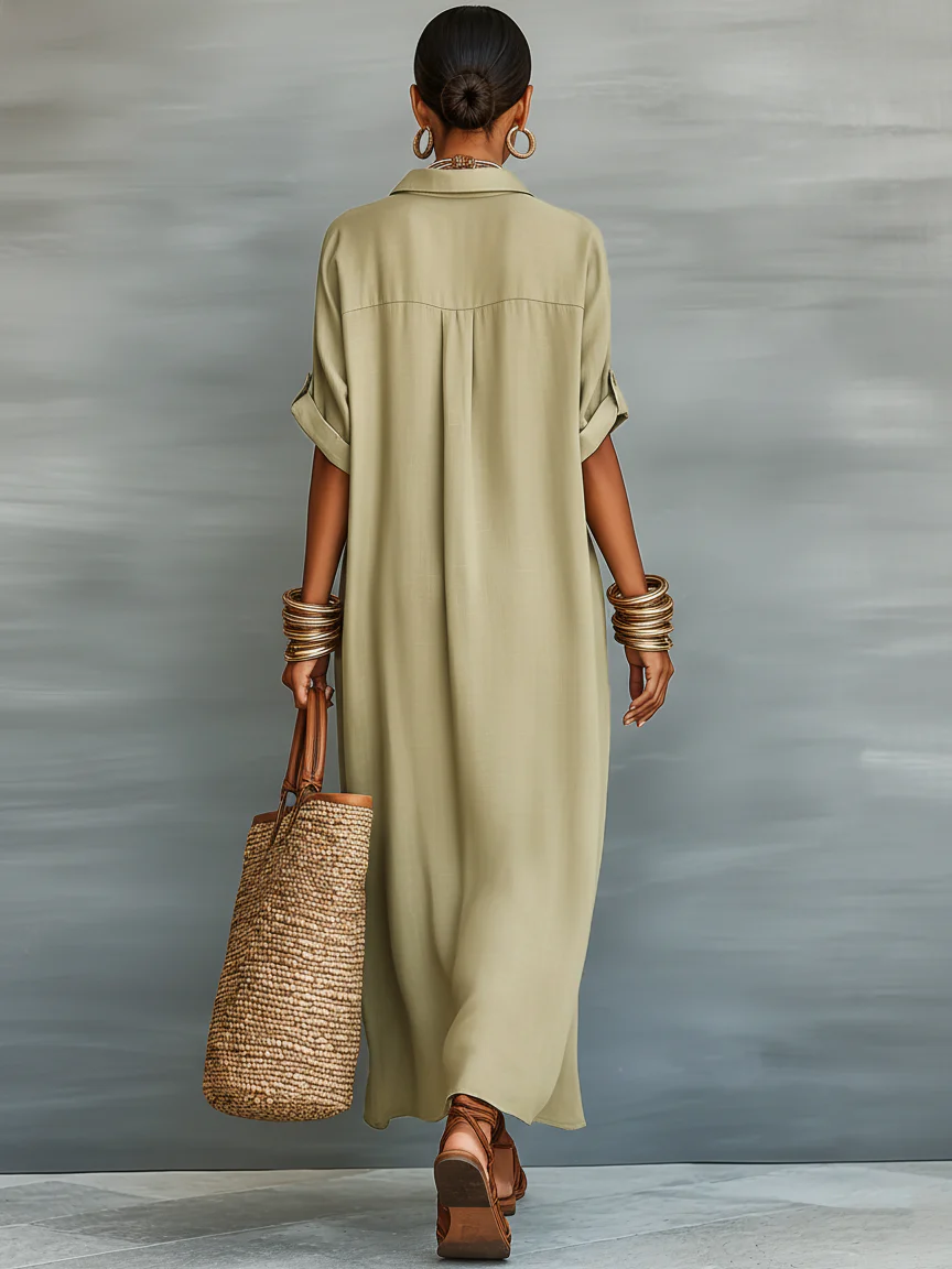 Manelle | Vestido largo verde oliva con línea minimalista