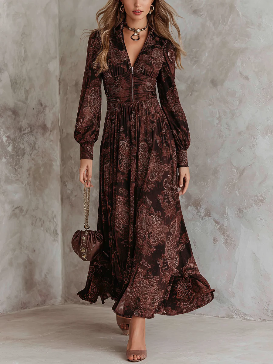Ariane | Vestido largo con estampado de cachemira y detalle en la cintura