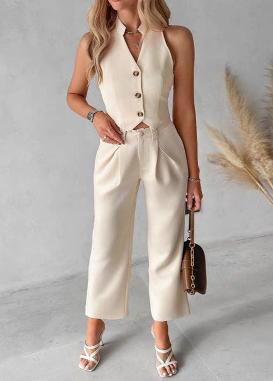 CONJUNTO ELEGANTE CON CHALECO CLÁSICO ABOTONADO Y PANTALONES ANCHOS