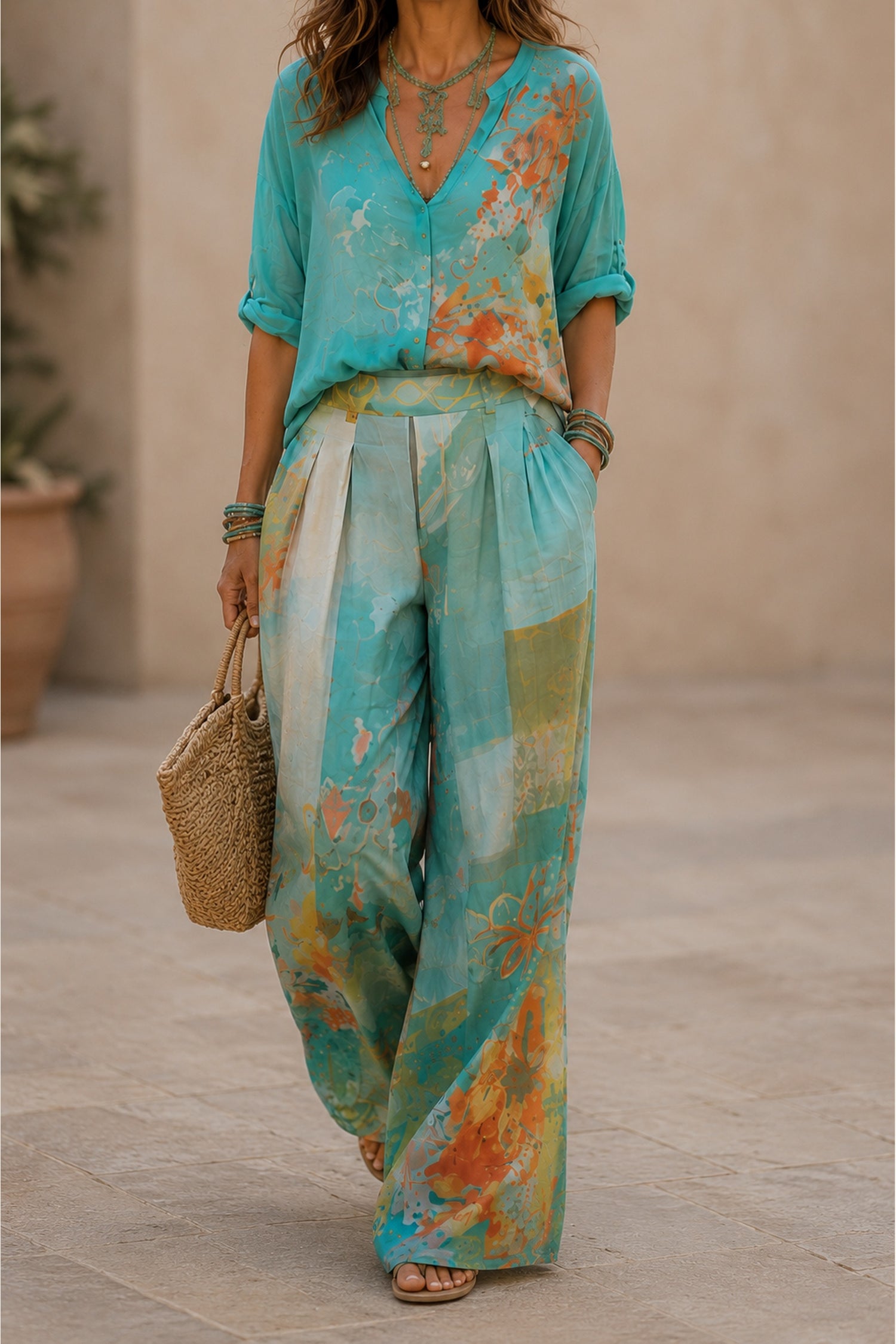 Bianca | Elegante conjunto estampado floral con pantalón de pierna ancha